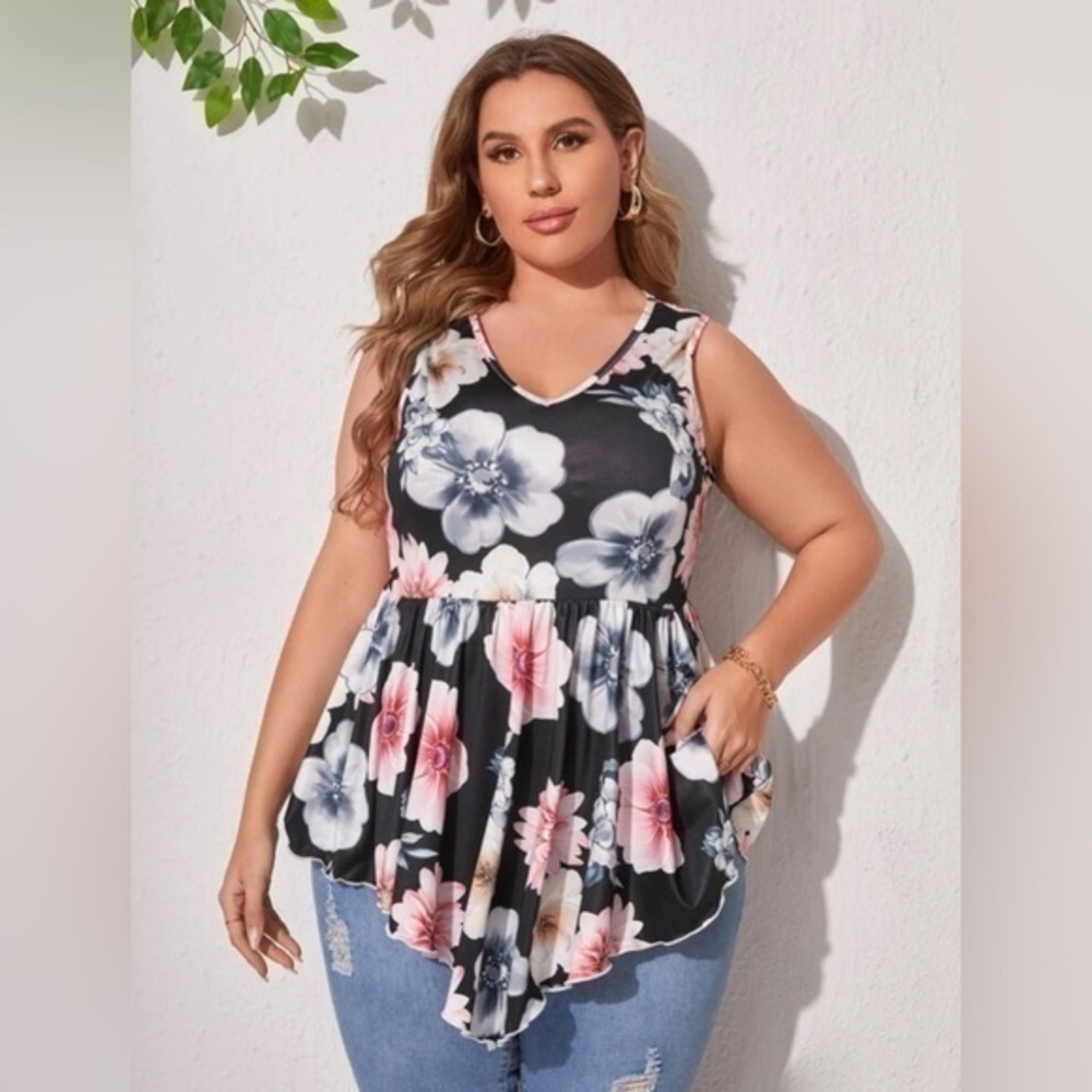 SHEIN 4X babydoll floral tank top asymmetrical hem